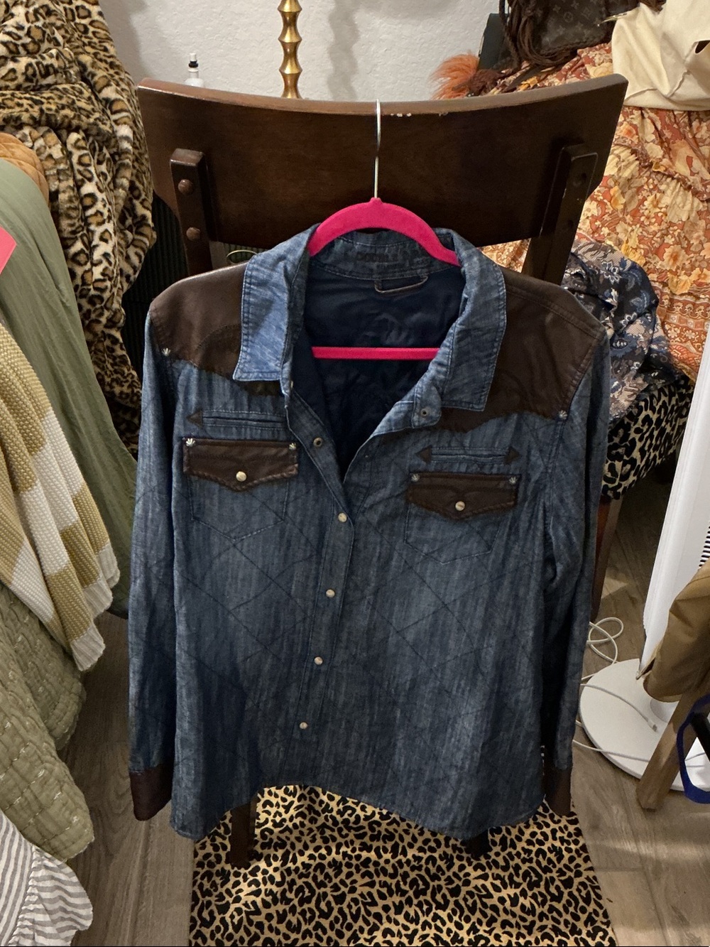 Double D Ranch Dark Blue Denim Shirt with Brown Leather Accents